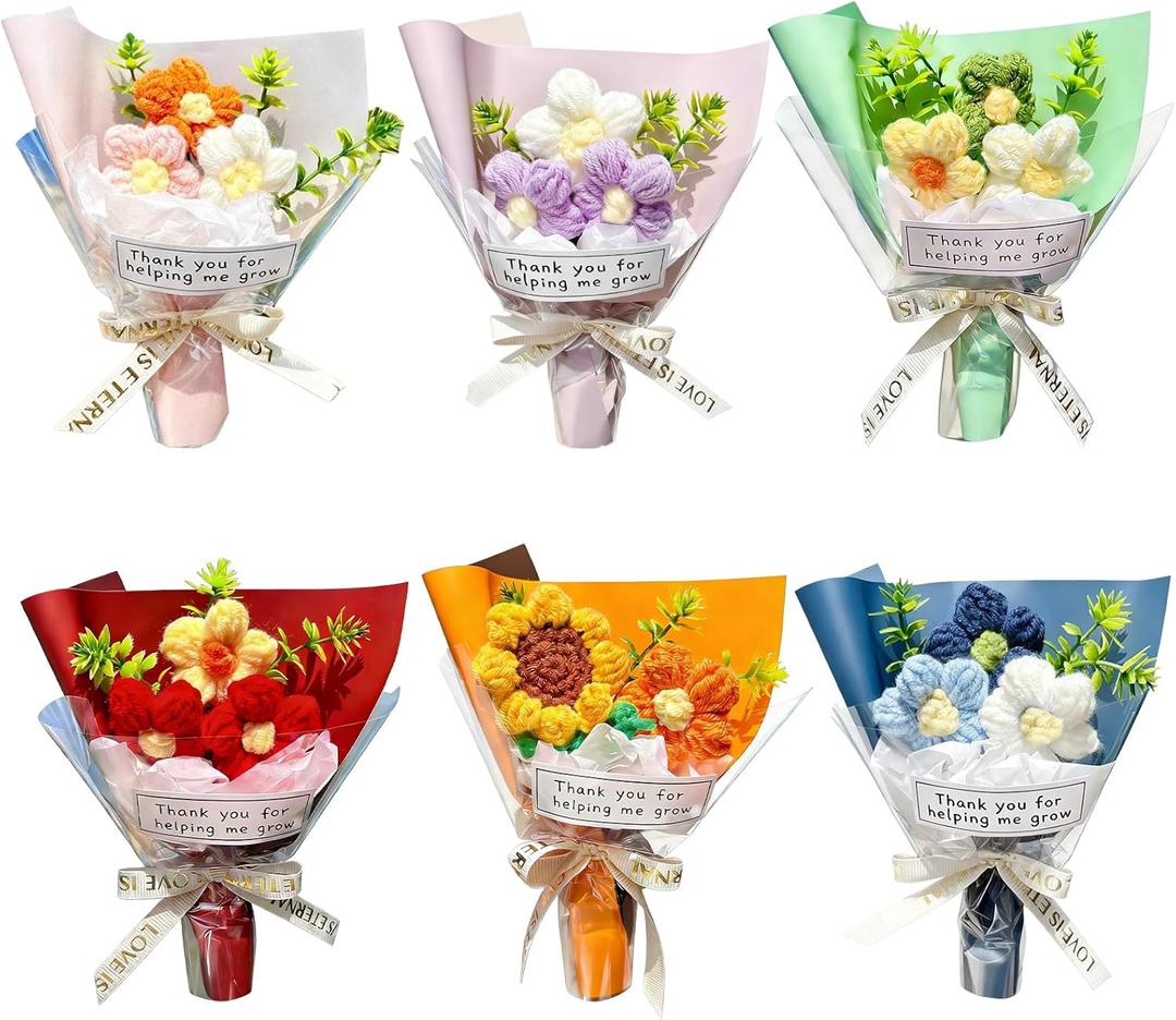 Wavwavw 6 Pcs Teacher Appreciation Gifts Crochet Handmade Positive Mini Crochet Flower Bouquet Thank You for Helping Me Grow Teachers Gifts for Graduation Teacher Appreciation Week Women Men (Bright)