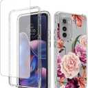 Case for Moto Edge 2022 / Moto Edge 2022 5G UW XT22051 Case with Tempered-Glass Screen Protector, Clear Floral Pattern Full Body Protective Cover for Motorola Moto Edge 2022 5G Purple Flower