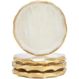 4 Pack Natural Selenite Crystal Coasters for Drinks, Geode Slices with Gold Painted Edge (3.75-4 in Coaster)