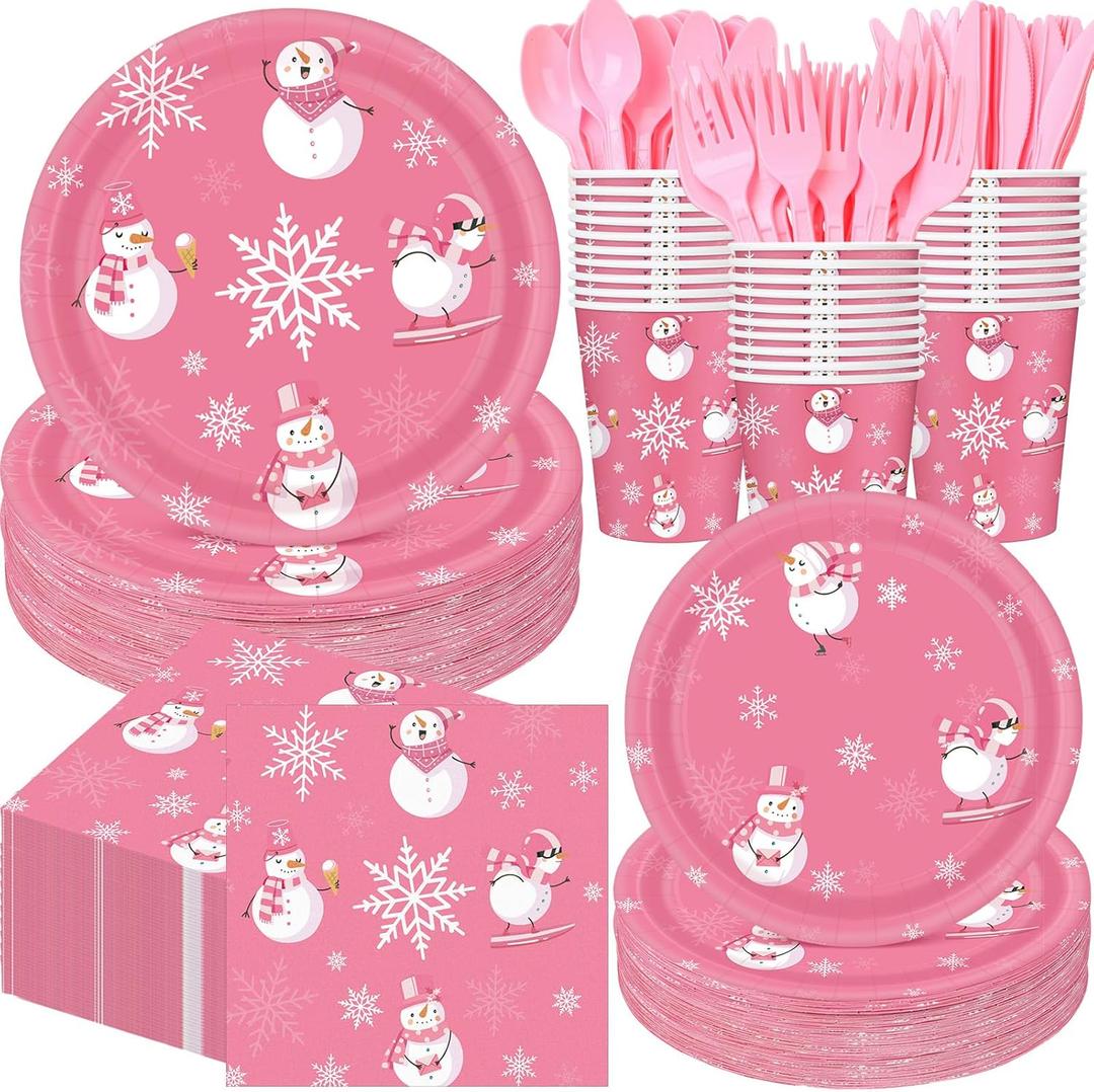 Pickmesh 400 Pcs Winter Snowflake Plates and Napkins Set Snowman Snowflake Dinnerware Disposable Tableware Set with Cups Knives Forks Spoons for Winter Party Supplies Table Decor, Serves 50(Pink)