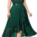 Knitee Women's Plus Size Sequin Floral Lace V Neck Formal Ruffle Hem Formal Prom Party Maxi Dresses 2 XL