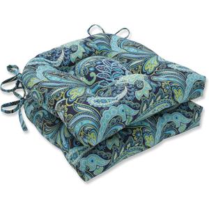 Pillow Perfect Paisley Indoor/Outdoor Chairpad with Ties, Reversible, Tufted, Weather, and Fade Resistant, 15.5" x 16", Blue/Green Pretty, 2 Count