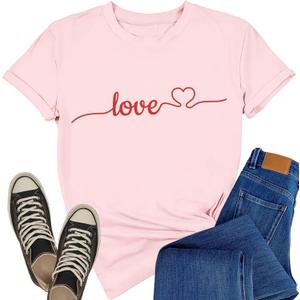 Valentines Day Shirt for Women Valentines Love Heart T-Shirts Romantic Love Tee Tops (Pink, L)
