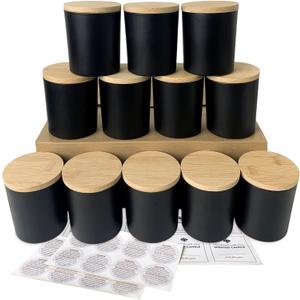 CONNOO 12 Pack 10 OZ Matte Black Glass Candle Jars for Making Candles with Airtight Bamboo Lids Nice Sticky Warning Labels for Candle Making Empty Container Bulk - Dishwasher Safe