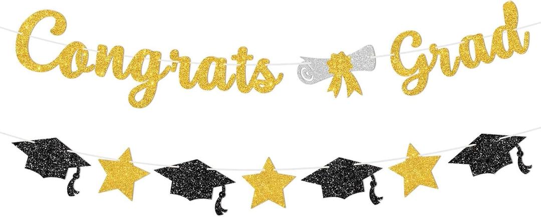 Black Gold Congrats Grad Banner for Graduation Decorations,Glitter Congratulations Graduate Banner Decor Sign-Class of 2026 Party Decorations Supplies for College High School Home Party Backdrop