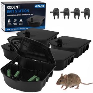 6 Pack Rat Bait Station with Key Mouse Bait Boxes 10.5x10.5x3.5in