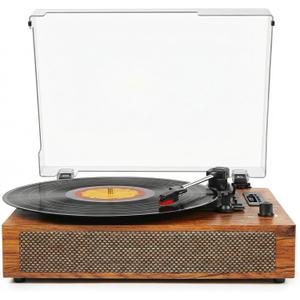 Vinyl Record Player with Built-in Bluetooth, USB Recording, Stereo Speakers, Belt-Driven Vintage Record Player 3 Speeds & 3 Sizes, Portable, AUX Input LP Player (Brown)