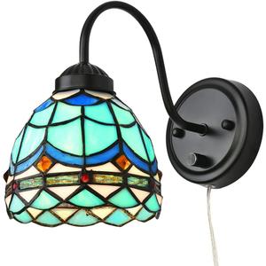 Bedside Wall Mount Lamp with Dimmable Switch, Industrial Vintage Gooseneck Wall Sconce with Plug in Cord, Wavy Blue Stained Glass Shade Wall Light Perfect for Bedroom, Living Room