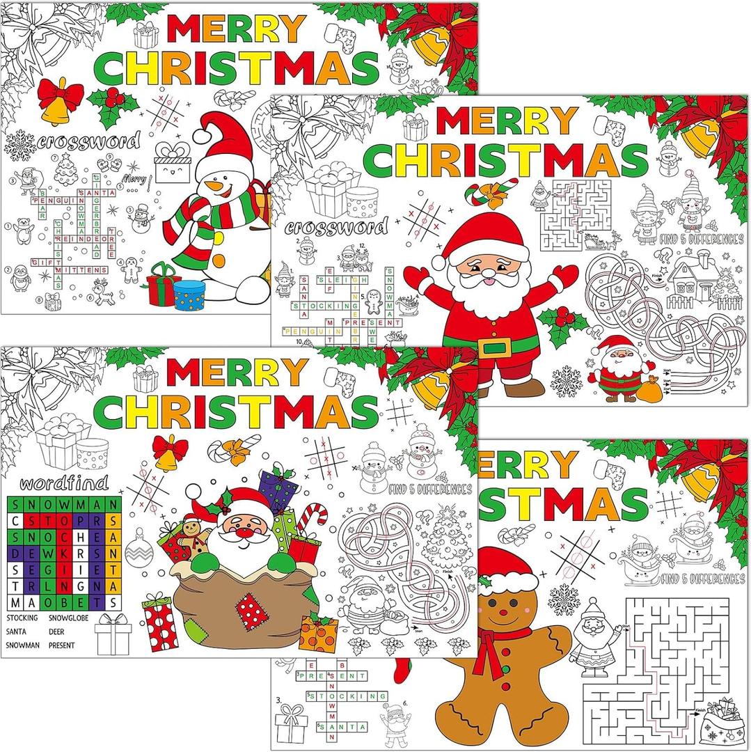 32 Pcs Christmas Placemats Christmas Coloring Paper Table Mats Disposable Coloring Activity Place Mats Claus Trees Table Decoration for Xmas Holiday Party Home Table Supplies
