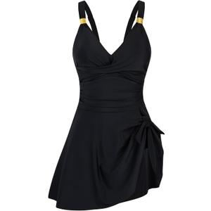 HUSKARY Women Swimsuit One Piece Tummy Control Swimdress Full Coverage Flowy Bathing Suits Gold Metal Tie Knot Swim Dress 22W