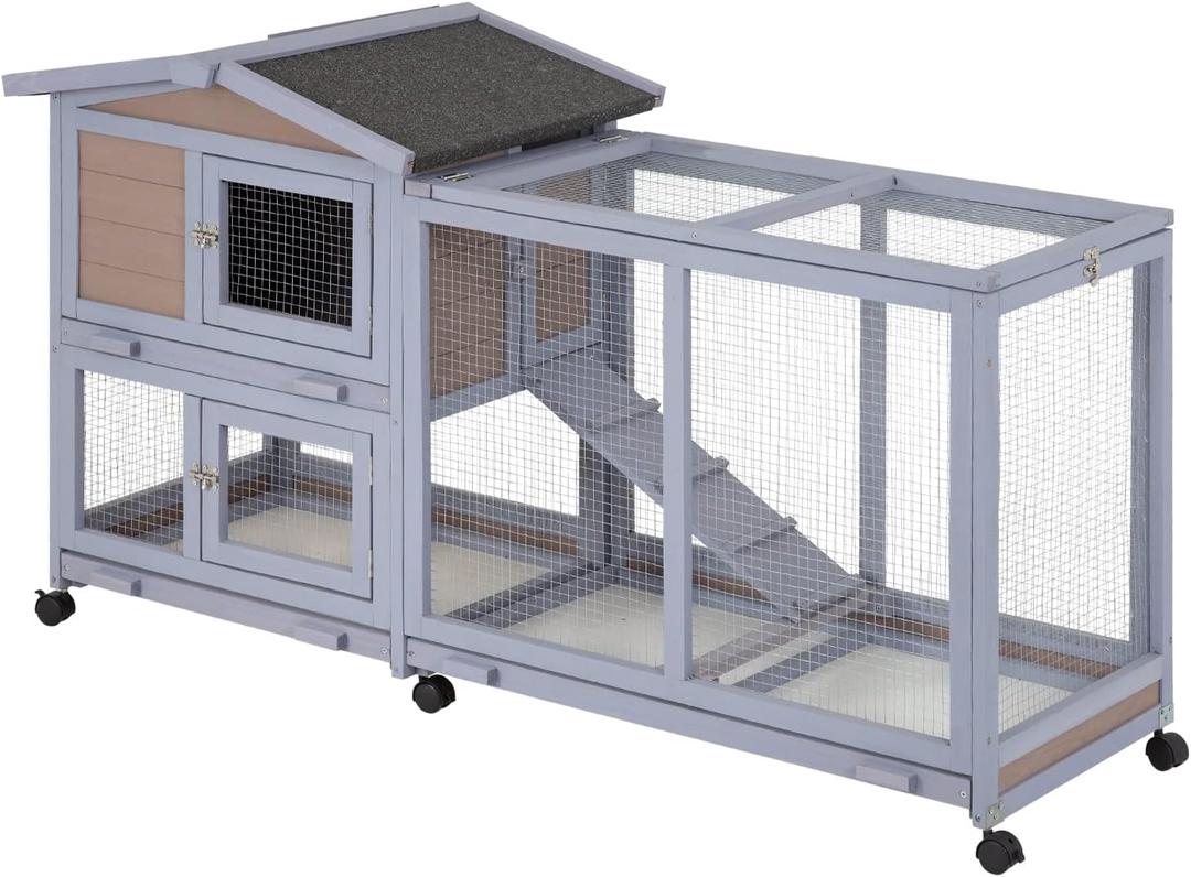 BestPet Rabbit Cage Wooden Rabbit Hutch Two Layers Chicken Coop Outdoor Indoor Guinea Pig Cage Bunny Cage Waterproof Roof Bunny Hutch with Casters and Tray, 59"L x 23"W x 33"H