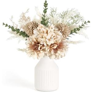 Mkono Small Artificial Flowers in Ceramic Vase Centerpieces Coffee Table Decor, Silk Flower Arrangements for Home Decor Indoor Fake Flower Bouquet for Bathroom Dining Room Kitchen (Brown, Medium) 