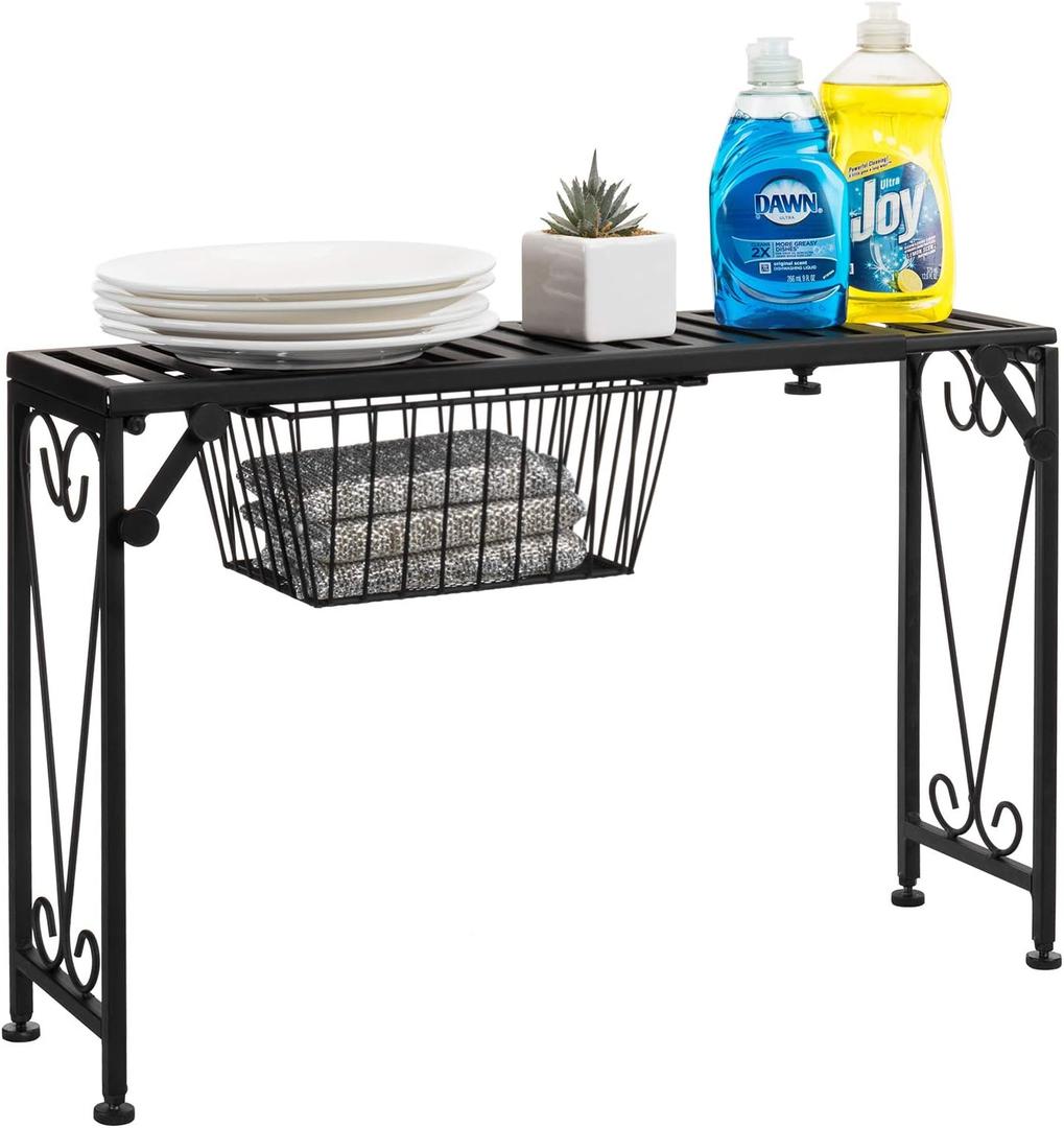 MyGift Black Metal Over the Sink Organizer Shelf with Pull Out Drawer, Expandable Kitchen Caddy Rack, Bathroom Storage Shelf Riser with Scrollwork Design