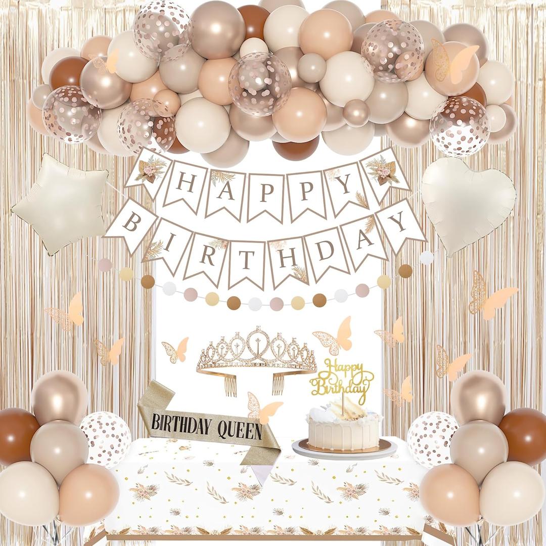 Birthday Decorations for Women, Boho Beige Cream Neutral Champagne White Sand Foil Balloons Table Cloth Sash Crown Curtains Happy Birthday Banner Circle Garland Butterfly Fall Party Supplies