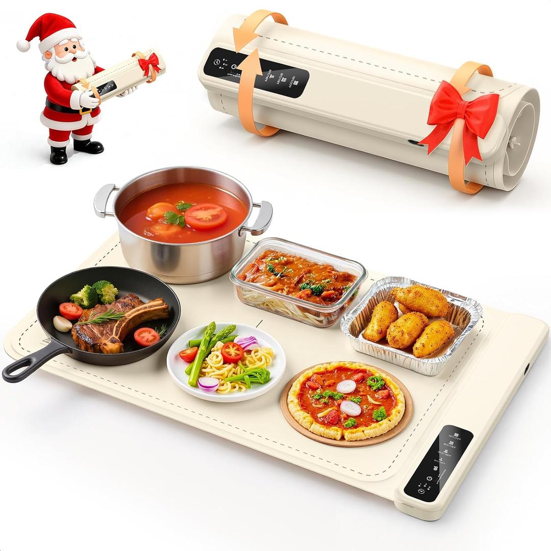 Warming Mat for Food Electric Food Warming Tray for Buffet withFast Heating Mat with Timer and 4 Heat Levels, Portable Rollable Food Warming Mat for Countertop, Portable Heating Pad for Parties Family (White)