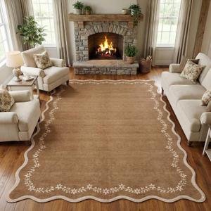 GarveeHome 6x9 Scalloped Area Rug Brown Washable Rugs for Living Room Bedroom, Soft Low Pile Non Slip Accent Floor Mat Solid Floral Print Throw Rug Farmhouse Indoor Carpet for Dorm Playroom