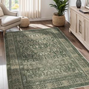 Vintage Washable Area Rug for Living Room,Low Pile 8x10 Non Slip Carpet Non-Shedding Area Rug Soft Indoor Stain Resistant Rug Floral Print Mat for Bedroom Dining Room Green