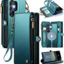 Defencase for Samsung Galaxy S23 Ultra Magnetic Wallet Case Compatible with Magsafe with RFID Blocking Zipper & Card Holder Women, PU Leather Detachable Phone Case for Galaxy S23 Ultra 6.8, Blue Green