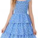 Cubear Girls Summer Floral Dress with Tiered Ruffle Skirt and Flutter Sleeves - Summer Smocked Sundress for Girls 9-13 Years (Blue)