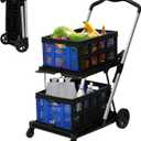 Collapsible Shopping Cart with 2 Bins Grocery Cart on Wheels Multi Use Two Tier Folding Cart for Farmers Market,Kitchen,Grocery Shop