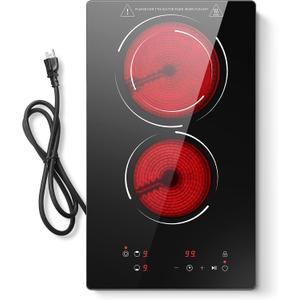2 Burners Electric Cooktop, 110V Plug in Ceramic Cooktop, 12 Inch Countertop & Built-in Electric Stove Top with Dual-Ring Design, 9-Level Adjustment, Child Safety Lock, Timer, Overheat Protection, 11.8 inch