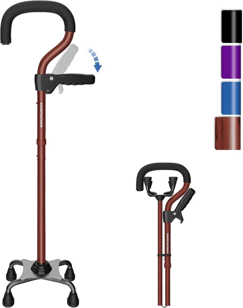 KingPavonini Canes for Women/Men with Second Handle, Foldable & Adjustable Walking Cane with 4-Pronged Base, Quad Cane for Stability, Standing, Balance, Leg Surgery Recovery
