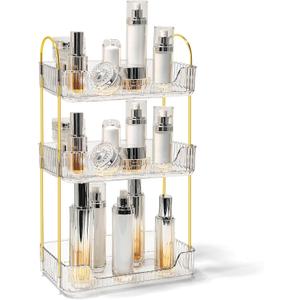 Bathroom Counter Organizer Countertop Storage Skincare Countertop Makeup Organizer Cosmetics Skincare Organizers Holder for Perfume-Clear-Golden Pole-3 Tier (11.8" x 6.7" x 18.9")