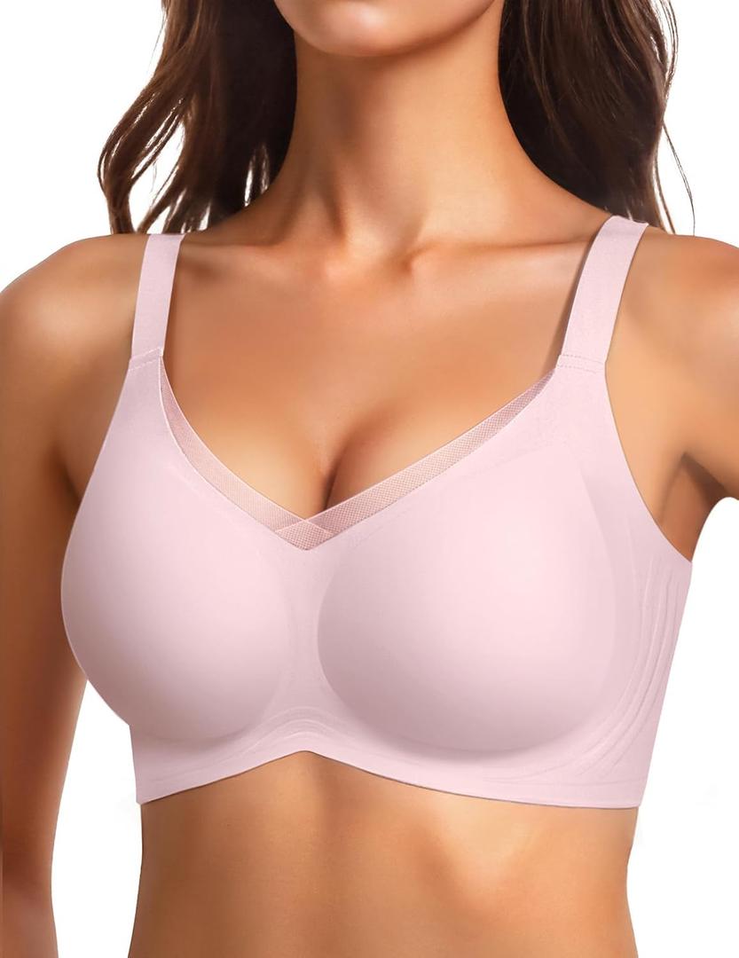 Vertvie Wireless Bras for Women No Underwire Supportive Mesh Crossover Bra Seamless Push Up Full Coverage Everyday Bralettes (X-Large, Pink)