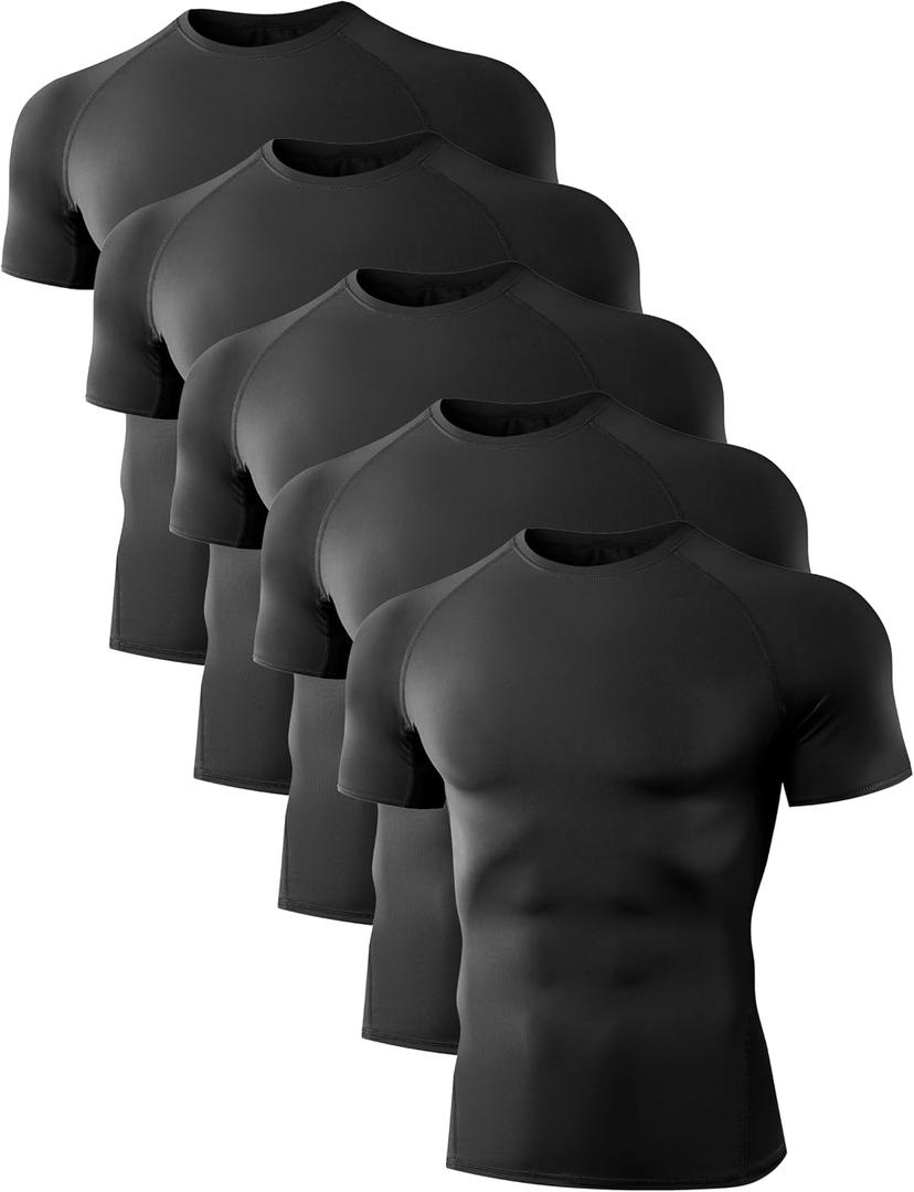 Dalavch 5 Pack Men’s Compression Shirts Short Sleeve Cool Dry Sports Athletic Workout Base Layer Undershirt T-Shirt Tops (Black, L)