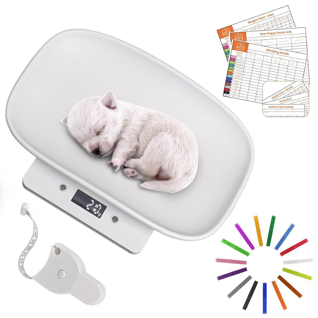 Digital Small Animals Scales for Weighing with Tape Measure, Puppy Whelping Scale for Newborn Pets, Multifunction Electronic Baby Scales, Inclue Record Keeping Charts and Color Newborn Puppy Collars