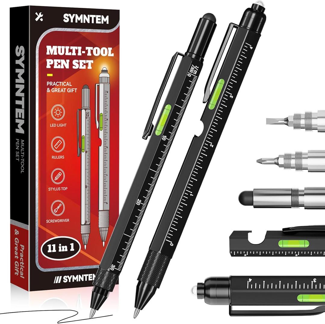 Multitool Pen, 11-in-1, Black, Aluminum, LED Light, Screwdriver, Ruler, Stylus, Level, Bottle Opener, Gifts for Him, Birthday Gifts for Men