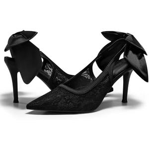 Coutgo Womens Slingback High Heels Bow Closed Pointed Toe Lace Patchwork Party Dress Shoes. women size 9