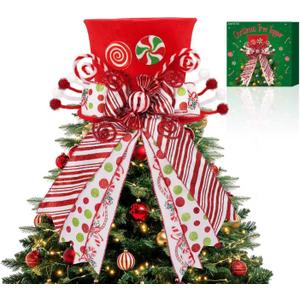 Candy Cane Christmas Tree Topper,Candy Cane Christmas Decorations,Velvet Red Hat with Peppermint Bows Ribbon Ornaments,Top Hat Christmas Tree Topper for Holiday Xmas Decorations (Red)