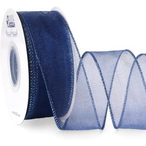 Ribbli Navy Organza Wired Ribbon, Navy Sheer with Metallic Edge,1-1/2 Inch x 20 Yards Christmas Tree Ribbon for Decoration Gift Wrapping Wedding Crafts