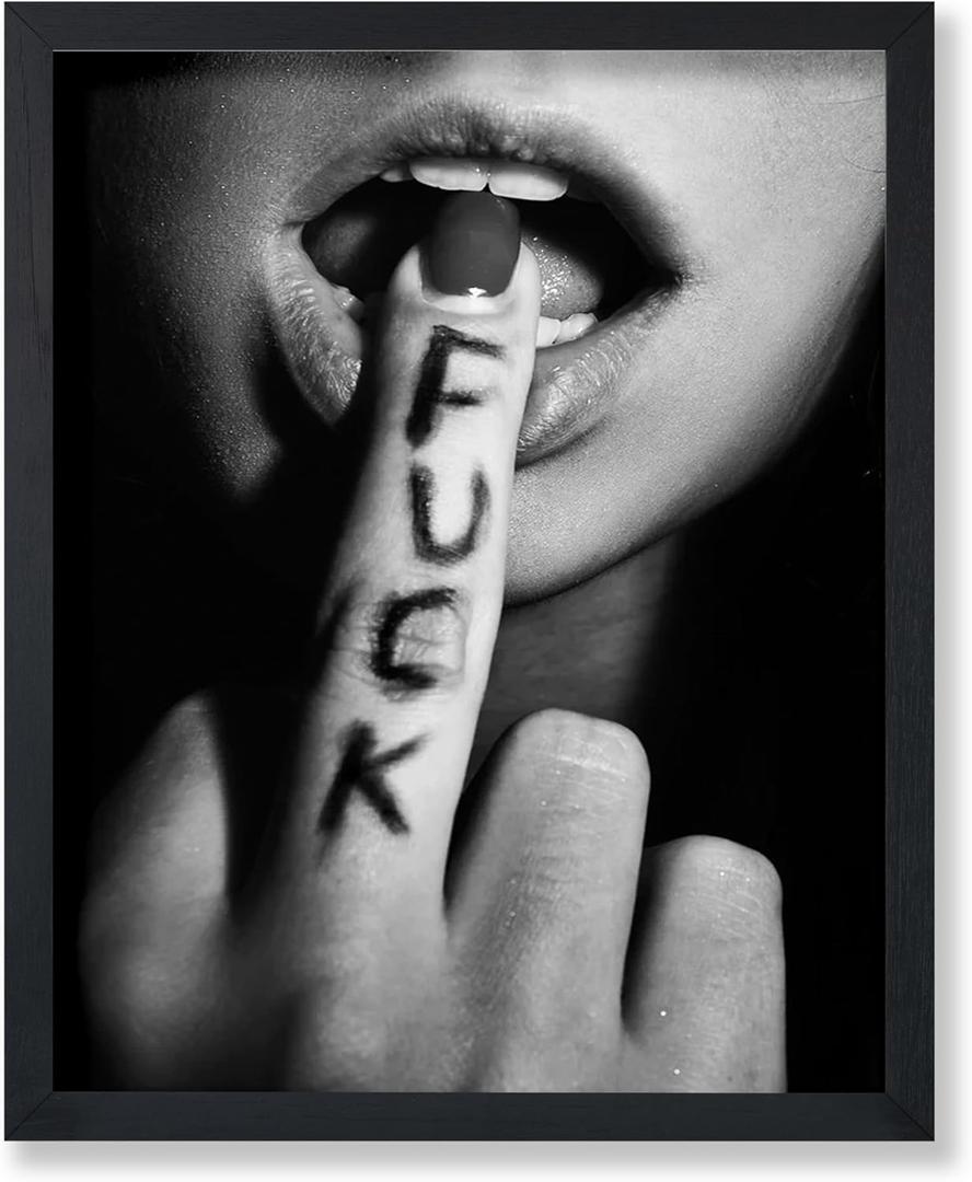 Poster Master Fuck Print - Middle Finger Poster - Sexy Lips Art - Black and White Photography Wall Design - Self Expression Art - Modern Bedroom or Living Room Wall Decor - 8x10 UNFRAMED Wall Art (8L" x 10W", Style-01)