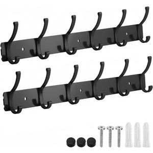 Coat Rack Wall Mount, 2 Pack Coat Hooks Hanger Wall Double Hook Rack Rail Towel Hat Rack Entryway Bathroom Hanger Organizer for Robes, Clothes, Bags, Hat(Black)