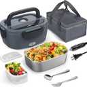 Electric Heated Lunch Box for Car, Truck, Home  1.5L 60-80W Portable Food Warmer with 12V/24V/110V Plug Stainless Steel Leakproof Container  Hot Meal Solution for Work, Travel, Jobsite, Camping (Black & Grey)