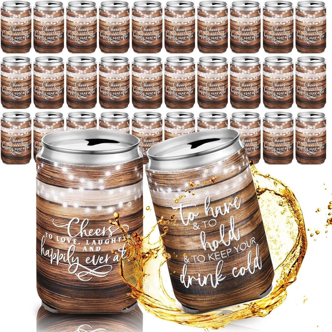 Qinyoung 50 Pieces Wood Grain Wedding Can Cooler Bulk Engagement Party Favors for Guests Cheers to Love and Happily Ever After Rehearsal Dinner Decorations for Wedding Bridal