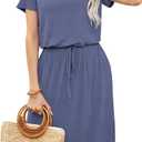 levaca Womens Summer Casual Dress Belly Drawstring Beach Coverup Short Sleeve 2025 Outfit Midi Sundress with Pockets (L)