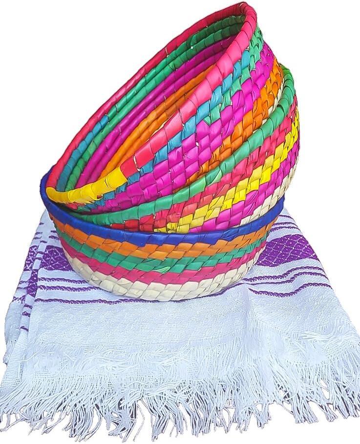 Jacq & Jrgen - Tortilla Warmer Palm Baskets - 3 Pack Multicolor - Medium Size Bundle - Traditional Mexican Tortillero
