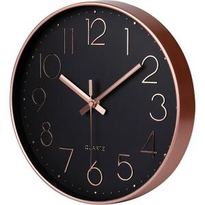 jomparis Rose Gold Black Wall Clock Silent Non-Ticking Quartz Sweep Decorative Battery Operated Wall Clocks (12 Inch)