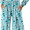 RONGTAI Womens Jumpsuit Casual Loose Overalls One Piece Long Sleeve Floral Printed Wide Leg Pant Rompers With Pockets (Blue, S)