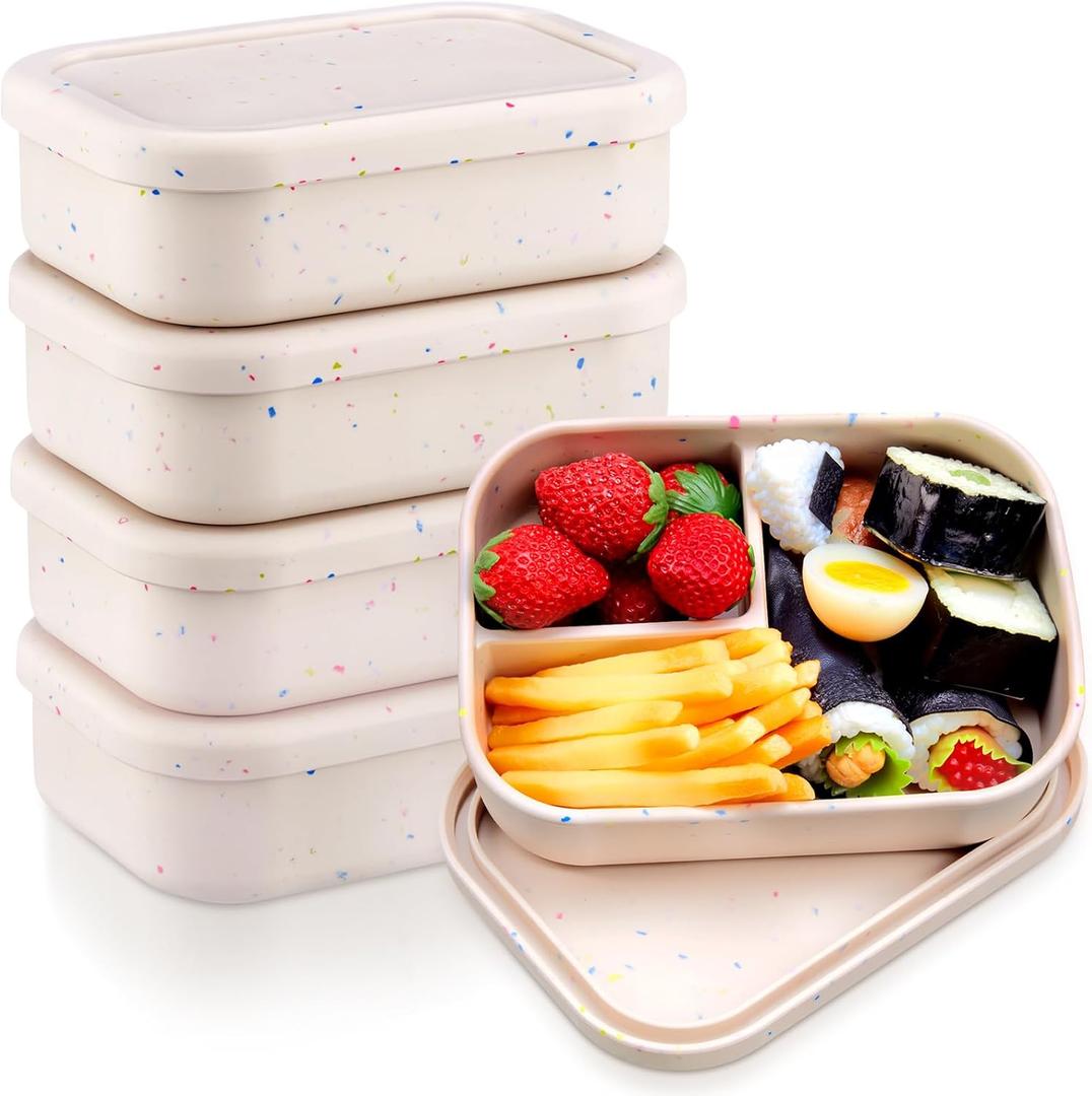 Honeydak 4 Pcs Silicone Bento Box Reusable Silicone Bento Lunch Container for Adults Microwave Dishwasher Freezer Safe 3 Compartment (Beige)
