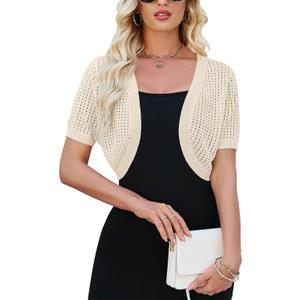 Womens Short Sleeve Shrug Cardigan Bolero Lightweight Open Front Knit Sweater Cardigans Shrug for Dress S-XXL (Beige)