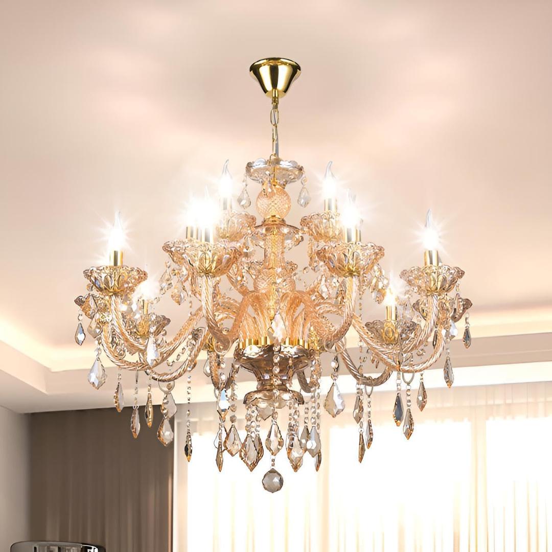 Luxury K9 Crystal Amber Color Modern Classic 15 Lights Ceiling Chandelier with Adjustable Height E12 Candelabra Base Fixture for Dining Room Kitchen Living Room, 31 inches x 25.6 inches