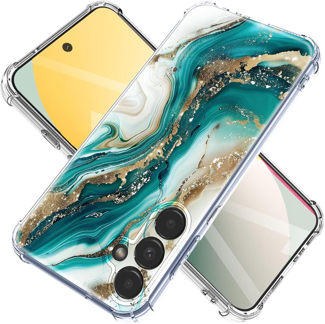 for Samsung Galaxy S26 Case Flowers and Marble [Buffertech 6.285ft Military-Grade Drop Protection] [Anti Peel Off Tech] Clear TPU Bumper 5G Phone Cover Design (Green Gold)