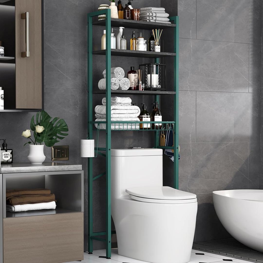 Kalrin Over-The-Toilet Storage Rack, 4-Tier Bathroom Organizer Shelf Over Toilet with Adjustable Shelf and Basket, Freestanding Space Saver Bathroom Shelves Above Toilet for Room (Green- Black), X-Large