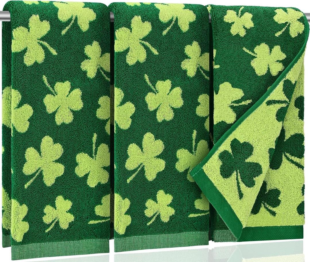 AEUEFUEA 3 Pack Green Shamrock Cotton Towels Set, 25" L x 16" W Hand Towels for Kitchen and Bathroom, Soft Absorbent Holiday Home Dcor