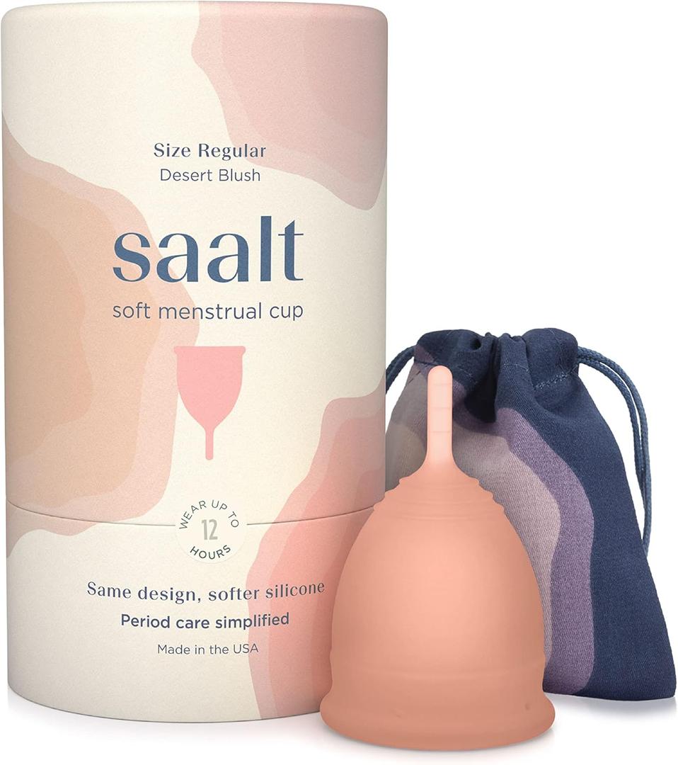 Saalt Soft Menstrual Cup  Reusable Period Cup  Made for Comfortable, Leak-Free Protection Up to 12 Hours  BPA & Latex Free  Includes Cup & Carry Bag (Regular, Desert Blush)