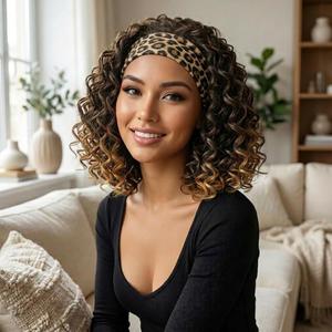 CINHOO Ombre Brown Headband Wigs Curly for Black Women 12inch Short Shoulder Length Synthetic Headband Wig for Women Curly head band wig with Headbands Attached Daily Use (1B/27)